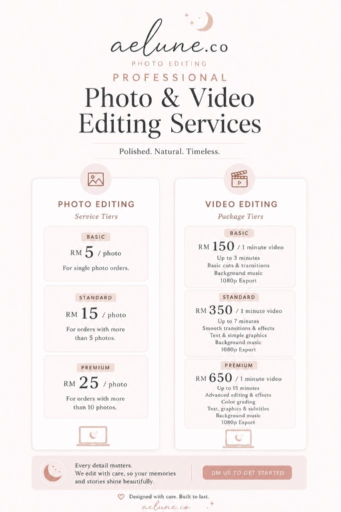 aelune.co professional photo and video editing — service tiers and pricing